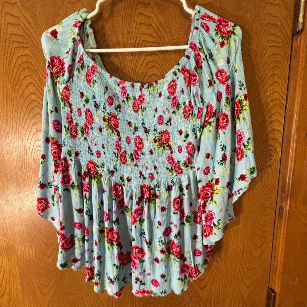 Boho Green and Blue Flutter Sleeve Blouse